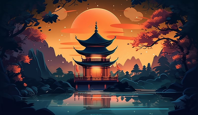 橙色夜晚湖面古建筑,插画/手绘图,插画/手绘图库,插画/手绘图下载,插画/手绘